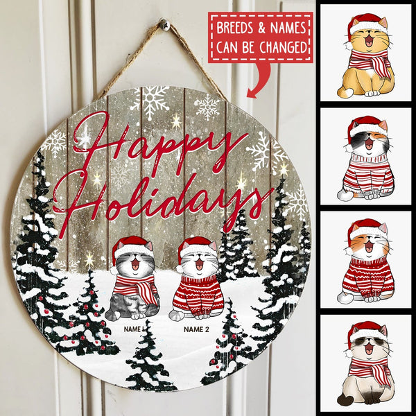 Happy Holidays - Snowy Pine Trees - Personalized Cat Christmas Door Sign
