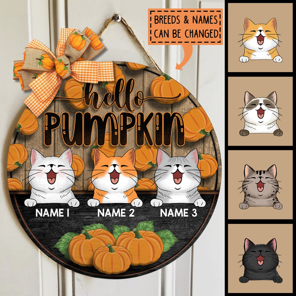 Hello Pumpkin - Pumpkin Background - Personalized Cat Autumn Door Sign