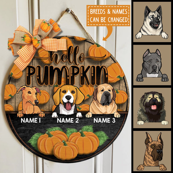 Hello Pumpkin - Pumpkin Background - Personalized Dog Autumn Door Sign