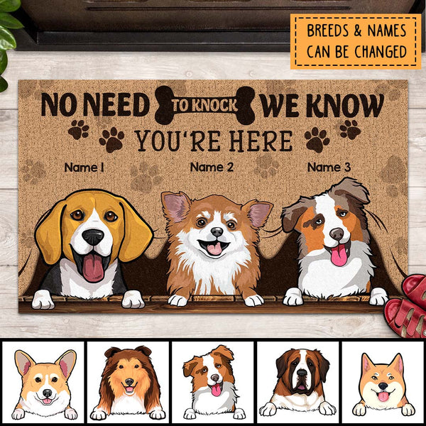 No Need To Knock We Know You're Here, Peeking From Curtain, Personalized Dog Breeds Doormat, Gifts For Dog Lovers
