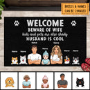 Welcome, Beware Of Wife Kids And Pets, Cool Family Style, Welcome Mat, Home Decor, Personalized Dog & Cat Lovers Doormat