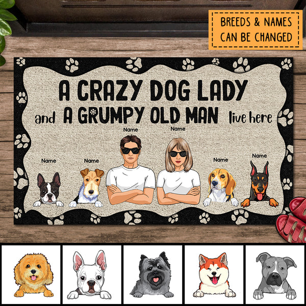 A Crazy Dog Lady And A Grumpy Old Man Live Here, Dog's Paw Print, Personalized Dog Lovers Doormat