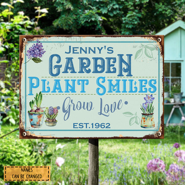 Metal Garden Sign, Plant Smiles Grow Love Vintage Sign, Personalized Housewarming Gifts