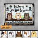 Catio Bar & Grill, Proudly Serving Whatever You Brought, Cat & Beverage Sign, Personalized Cat Breeds Metal Sign