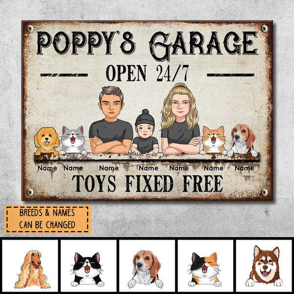 Welcome Metal Garage Sign, Gifts For Pet Lovers, Dad's Garage Often 24/7 Toys Fixed Free Funny Sign Vintage Style