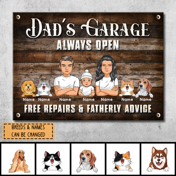 Welcome Metal Garage Sign, Gifts For Pet Lovers, Dad's Garage Always Open Free Repairs Wooden Style