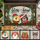 Bless This Home - Green Red Plaid - Personalized Cat Christmas Doormat