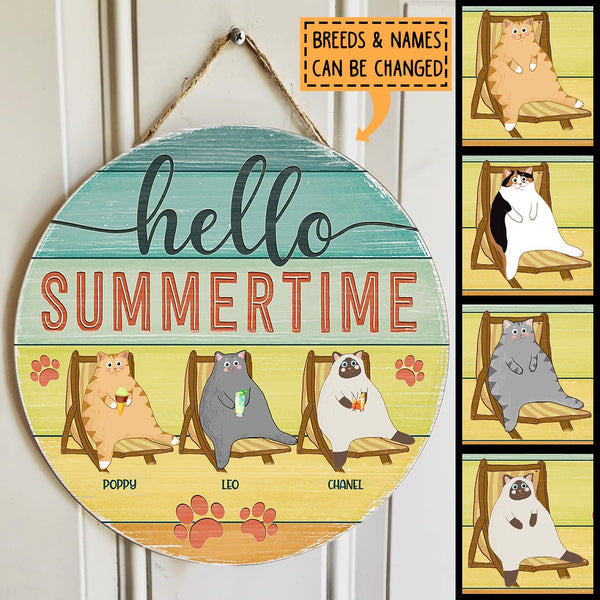 Hello Summer Time - Cats and Deckchair - Personalized Cat Door Sign