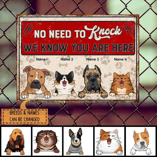 No Need to Knock We Know You Are Here, Pawprints & Bones Sign, Personalized Dog & Cat Metal Sign, Outdoor Decor