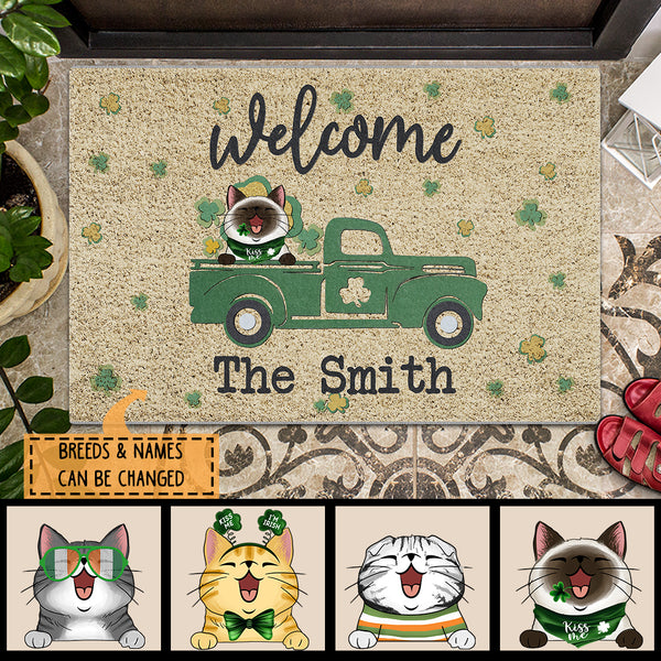 Welcome, Green & Yellow Shamrock, Personalized Cat Breeds Doormat, St. Patrick Day Home Decor, Gifts For Cat Lovers