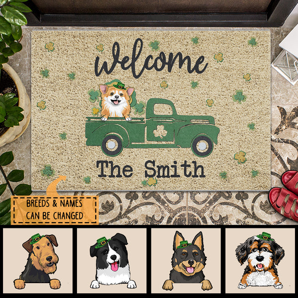 Welcome, Green & Yellow Shamrock, Personalized Dog Breeds Doormat, St. Patrick Day Home Decor, Gifts For Dog Lovers