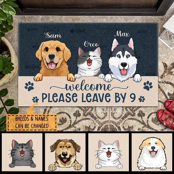 Welcome Please Leave By 9, Navy Doormat, Personalized Dog & Cat Doormat, Funny Gifts For Pet Lovers, Home Decor