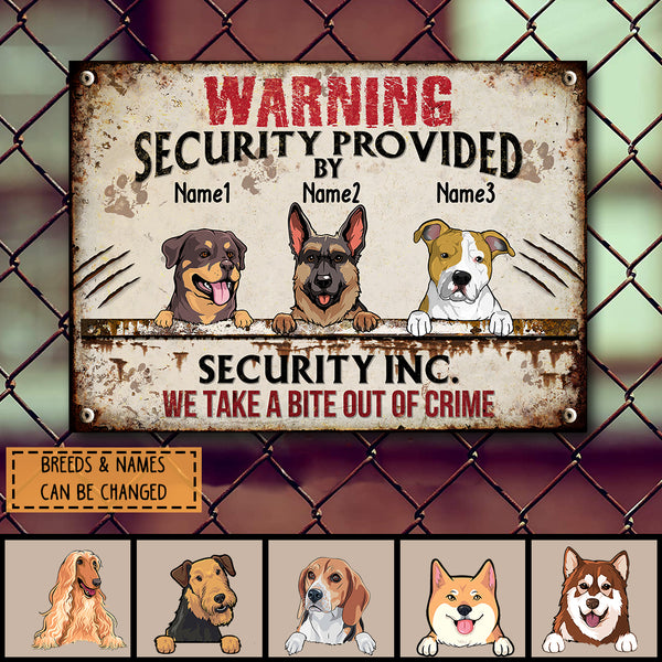 Warning Security Provided By Security Inc, Warning Sign, Personalized Dog Breeds Metal Sign, Gifts For Dog Lovers