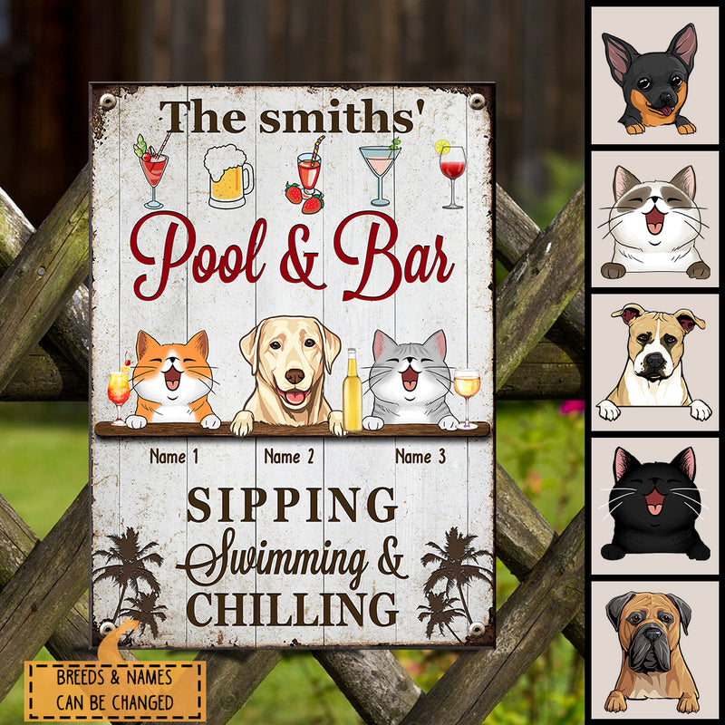 Metal Pool & Bar Signs, Gifts For Pet Lovers, Sipping Swimming & Chilling Drink Personalized Home Signs