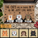 The Cat Is In Charge We Just Live Here, Cat Peeking From Curtain, Personalized Cat Breeds Doormat, Gifts For Cat Lovers