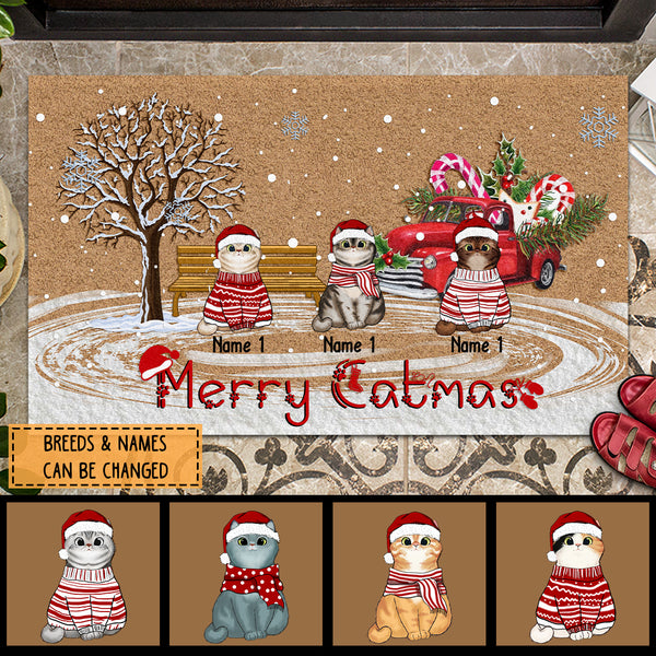 Merry Catmas, Red Truck Car And Gold Color Bench And Snow Tree, Personalized Cat Lovers Christmas Doormat