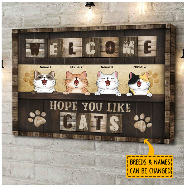 Welcome, Hope You Like Cats, Cats At Wooden Counter Bar, Personalized Cat Lovers Canvas