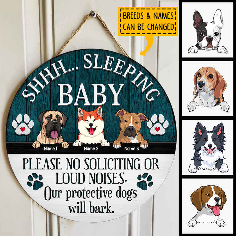 Please No Soliciting Or Loud Noises, Baby Sleeping Rustic Wreath, Personalized Background Color & Dog Breeds Door Sign