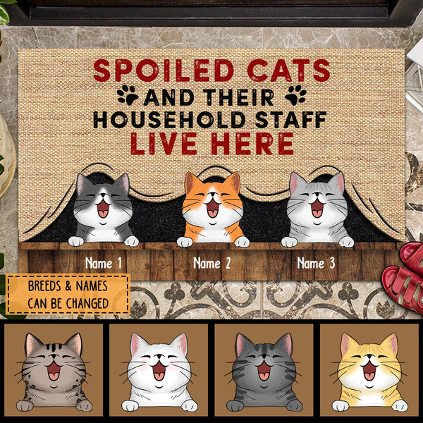 Spoiled Cats And Their HouseHold Staff Live Here, Cats Under Curtain, Personalized Cat Lovers Doormat