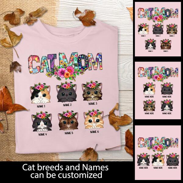 Cat Mom - Cat Wearing Floral Head Wreath - Personalized Cat T-shirt