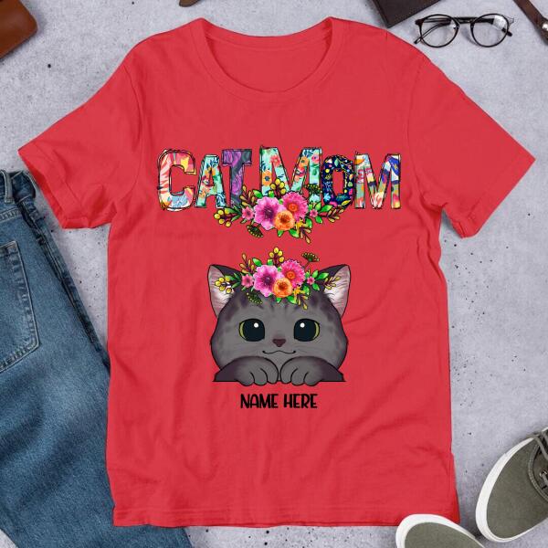 Cat Mom - Cat Wearing Floral Head Wreath - Personalized Cat T-shirt