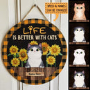 Life Is Better With Cats - Sunflowers - Personalized Cat Door Sign