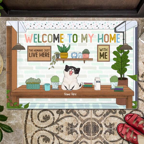 The Human Just Live Here With Us - Cats On Table - Personalized Cat Doormat