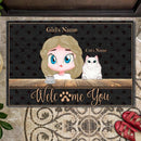 Welcome You - Peeking Cat - Personalized Cat And Girl Doormat