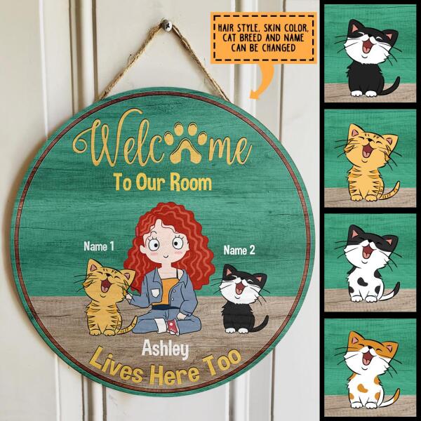 Welcome To My Room - Girl And Cats - Personalized Cat Door Sign