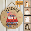 Welcome Friends - American Cats Wear Hat On Truck - Personalized Cat Door Sign