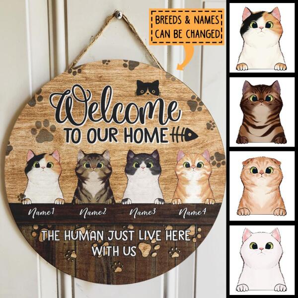 Welcome To Our Home - Personalized Cat On Wooden Door Sign