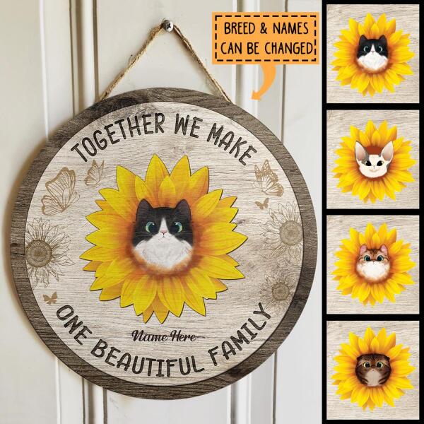 One Beautiful Family - Cat with Sunflower Headdress - Personalized Cat Door Sign