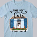 Time Spent With Cats Is Never Wasted - Blue Window - Personalized Cat T-shirt