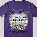 Life Is Good But Cats Make It Better - Cats On Stone Fence - Personalized Cat T-shirt