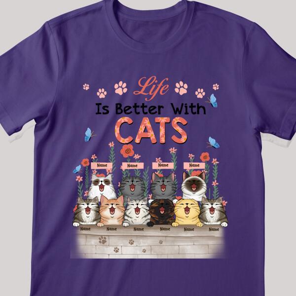 Life Is Better With Cats - Flowers and Blue Butterflies - Personalized Cat T-shirt