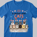 Life Is Better With Cats - Flowers and Blue Butterflies - Personalized Cat T-shirt
