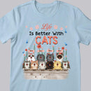 Life Is Better With Cats - Flowers and Blue Butterflies - Personalized Cat T-shirt