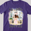 Life Is Better With Books And Cats - Backside Cats - Personalized Cat and Girl T-shirt