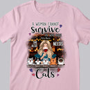 A Woman Cannot Survive On Wine Alone - Personalized Cat And Girl T-shirt