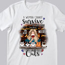A Woman Cannot Survive On Wine Alone - Personalized Cat And Girl T-shirt