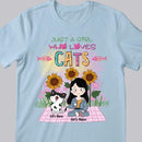 Just A Girl Who Loves Cats - Sunflowers Garden - Personalized Cat and Girl T-shirt