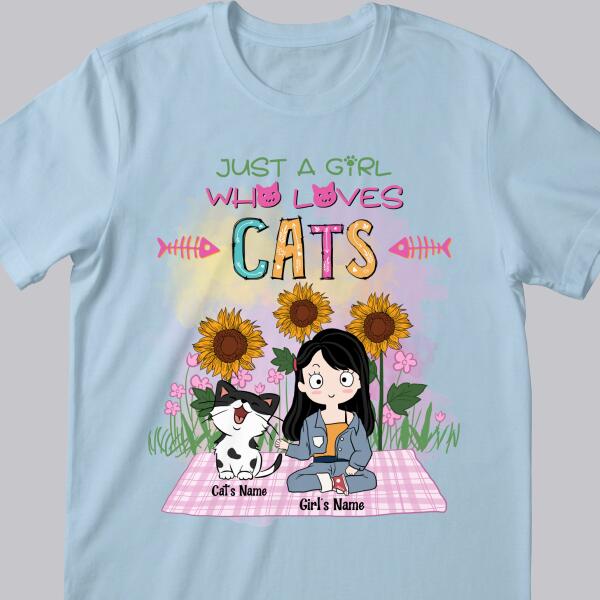 Just A Girl Who Loves Cats - Sunflowers Garden - Personalized Cat and Girl T-shirt