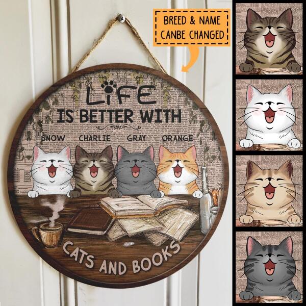 Life Is Better With Cats And Books - Vintage Newspaper Print - Personalized Cat Door Sign