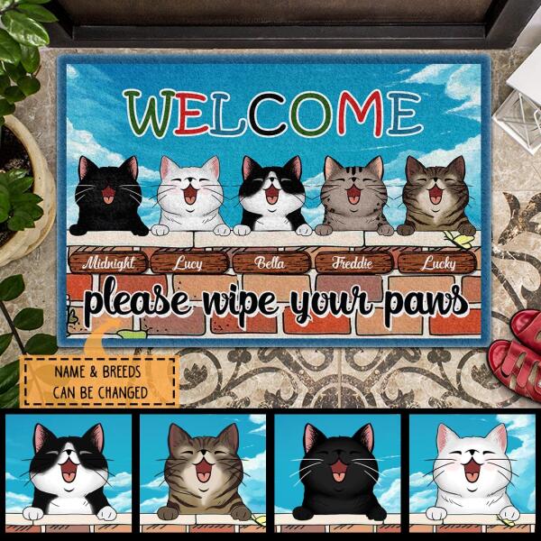 Welcome Please Wipe Your Paws - Cute Cat And Sky - Personalized Cat Doormat