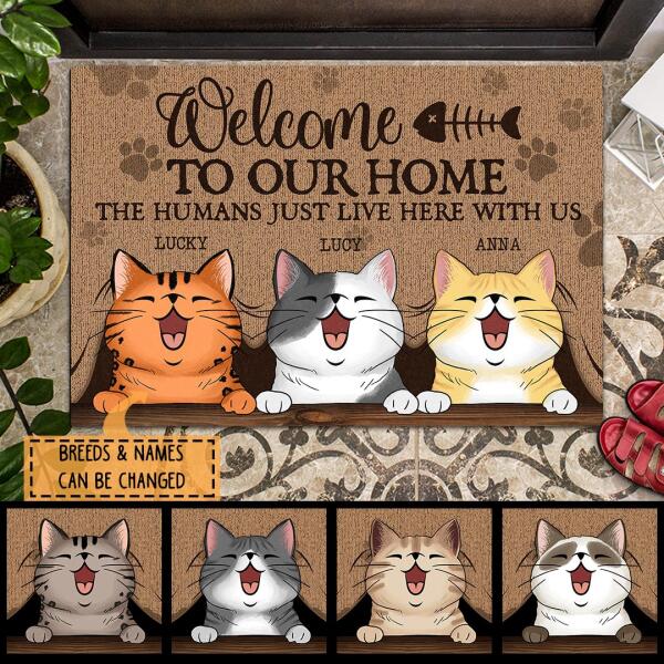 Welcome To Our Home - Peeking Laughing Cats Behind Curtain - Personalized Cat Doormat