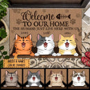 Welcome To Our Home - Peeking Laughing Cats Behind Curtain - Personalized Cat Doormat
