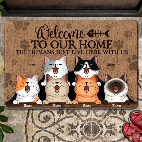 Welcome To Our Home - Peeking Laughing Cats Behind Curtain - Personalized Cat Doormat