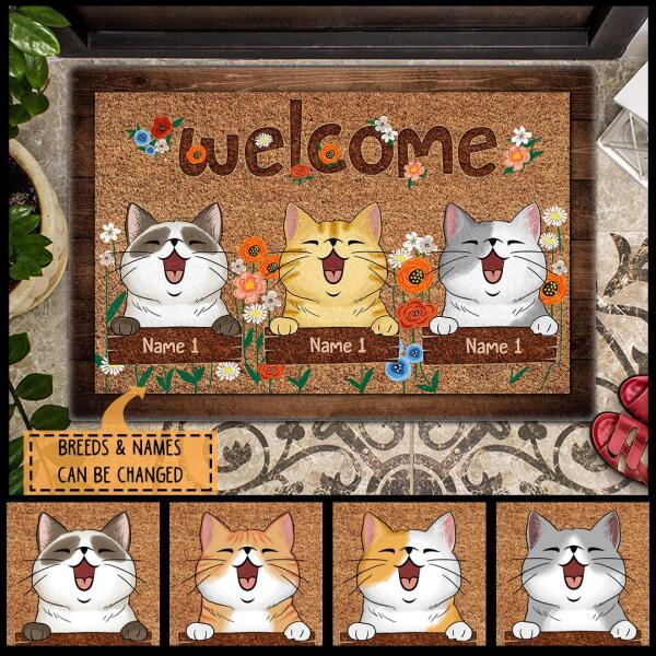 Welcome You - Laughing Cats With Flowers - Personalized Cat Doormat