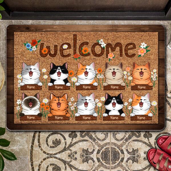 Welcome You - Laughing Cats With Flowers - Personalized Cat Doormat