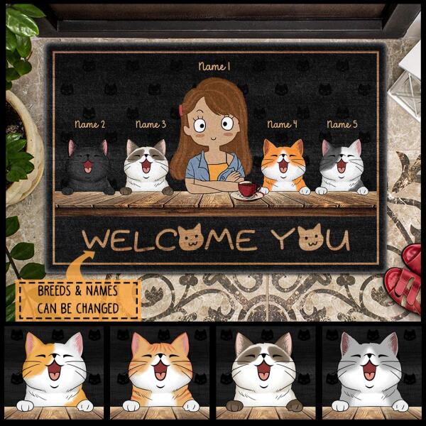 Welcome You - Laughing Cat - Personalized Cat and Girl Doormat